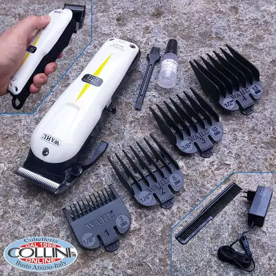 Wahl Super Taper em cima de bancada de mármore com seus pentes ao lado. Ao lado, mão segurando outra Super Taper.